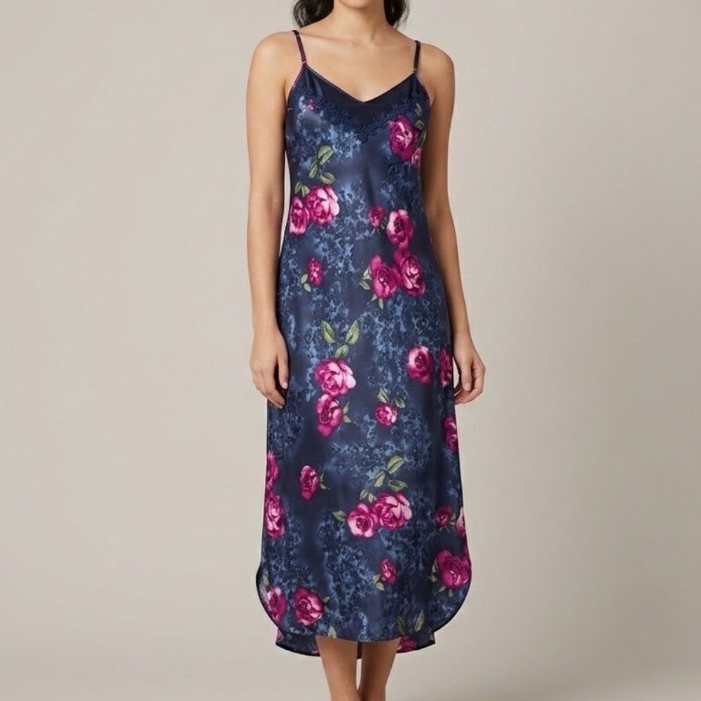 Vtg Y2K Secret Treasures Floral Maxi Slip Dress M Navy Velvet Romantic Coquette